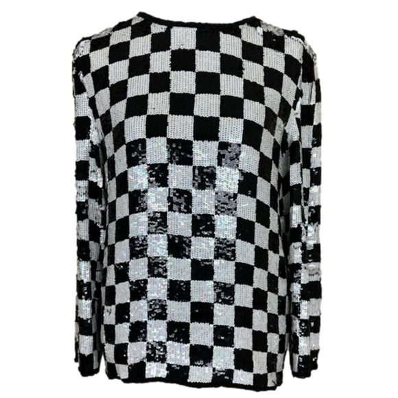 VINTAGE Black and White Checkered Silk Top Size L - Picture 1 of 12